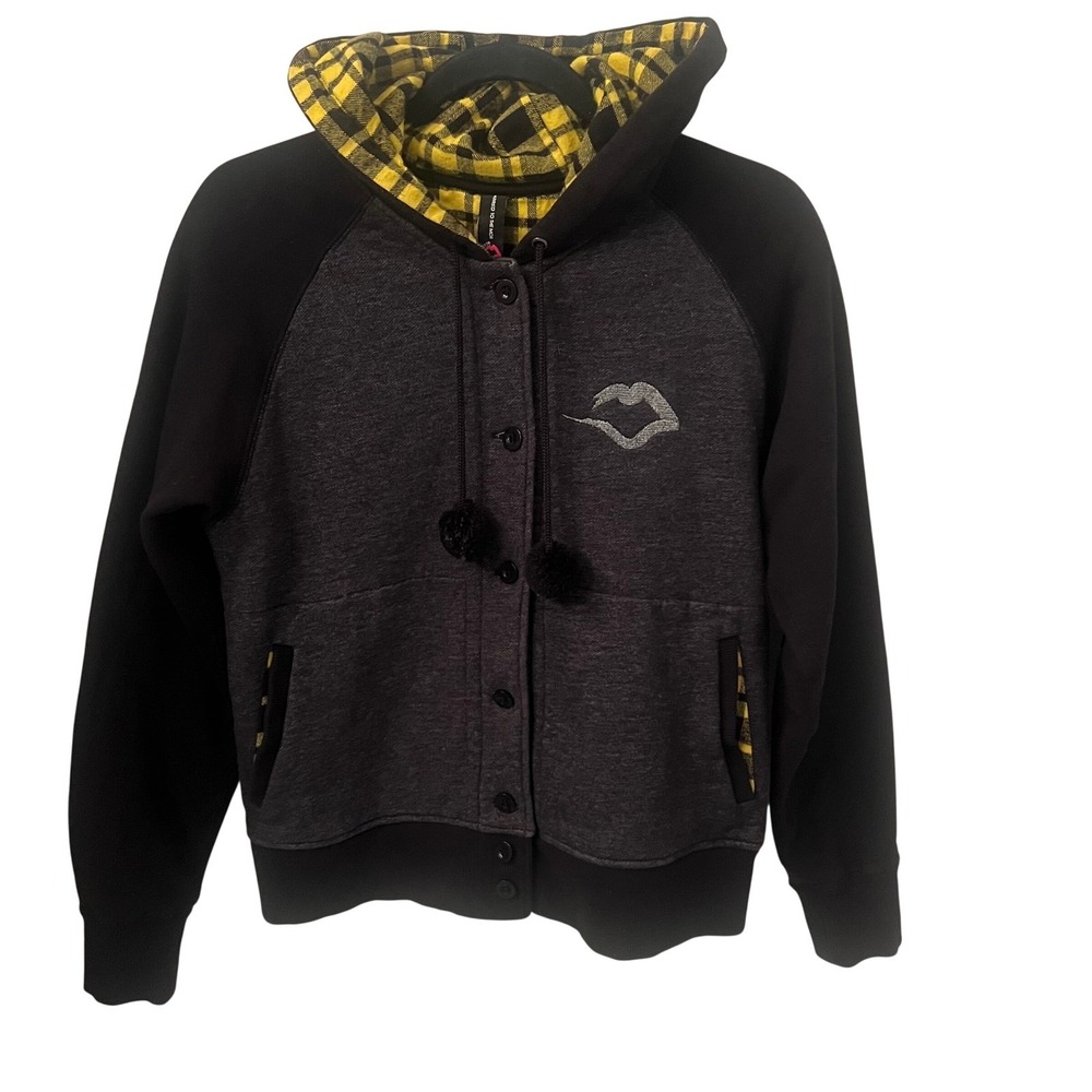 Married To The Mob MTTM Grey Black Button Up Hoodie.Plaid Lined. Womens Medium